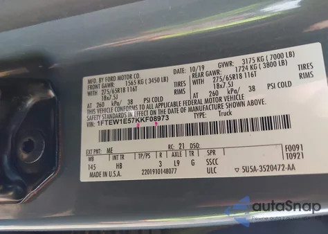 2019 Ford F-150 Lariat z USA, uszkodzony, nr VIN 1FTEW1E57KKF08973